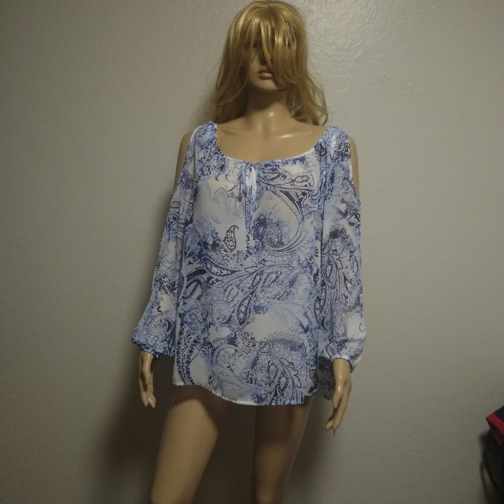 Alyk Blue White Cold Shoulders Long Sleeves Pullover 2 Piece Camisole Top 2X NWT